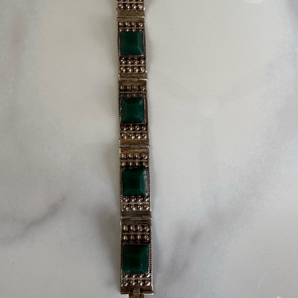 Green and Silver Bracelet with Intricate Beaded Design